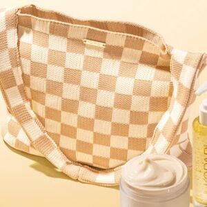 Kopari Knitted Lightweight Checkered Cream & Tan Shoulder Bag Retro Tote 13x10x3
